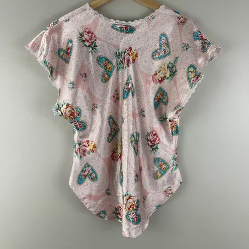 Vintage Y2K 90’s Pink Floral Hearts V Neck Sweetheart Valentines Day Satin Top