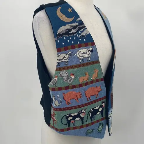 Vintage Noahs Ark Needlepoint Embroidered Animals Vest Open Front Blue Womens L Size L