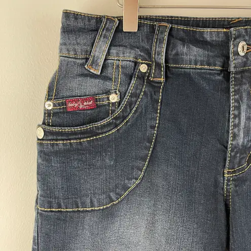 Baby Phat Vintage Y2K Dark Wash Faded Denim Mid Rise Wing Flare Leg Capri Jeans