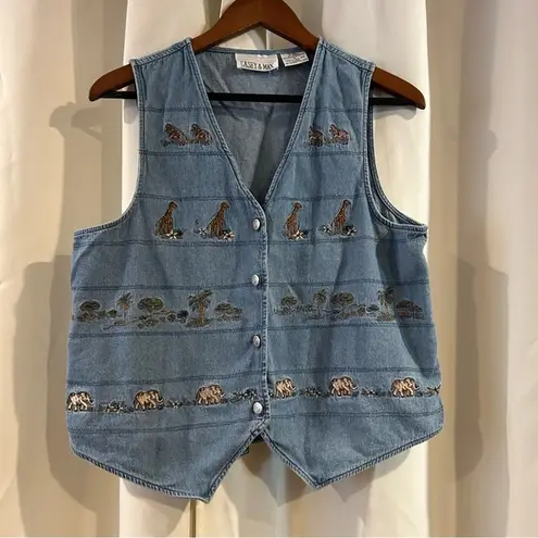 Vintage Casey & Max Jean Denim Vest‎ size medium Embroidered Zoo Animals Blue