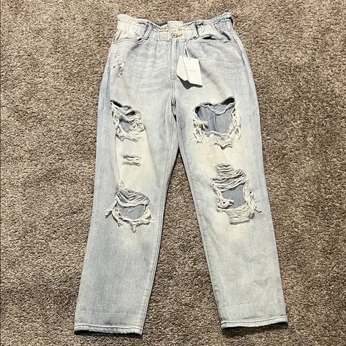 KanCan Light Blue Distressed Mom High Waist Relaxed Thigh Paperbag Jeans 9/28