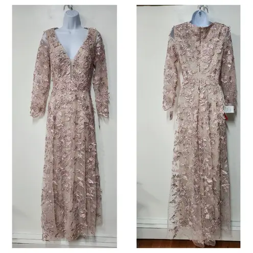 Mac Duggal FLORAL APPLIQUE LONG SLEEVE ILLUSION GOWNR size 4