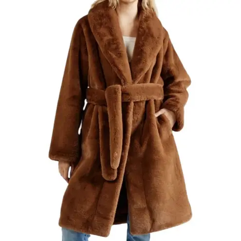 APPARIS Women's Faux Fur Vegan Belted Coat in Camel Size Large NWT MSRP $340 Brown