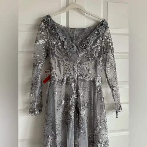 Mac Duggal Floral Embroidered Illusion Long Sleeve Gown Gray Sterling NWT