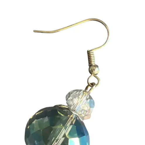 Vintage Gold Tone Dangle Earrings Glass Faceted Bead Aurora Borealis Estate 2.5" Blue