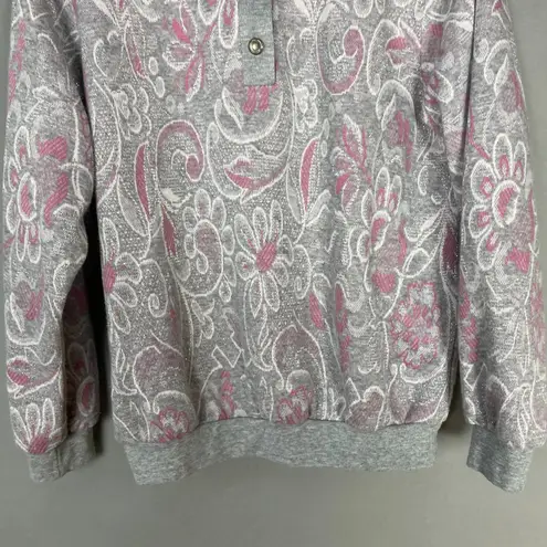 Vintage Paisley Sweatshirt Polo Women Gray Metallic Pink Long Sleeve Medium Top