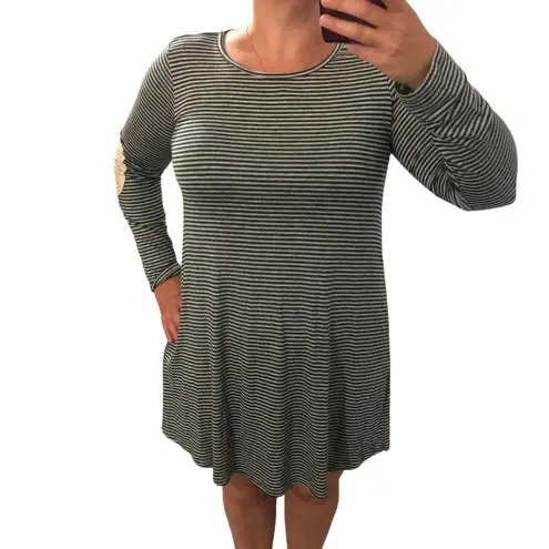 Sweet Claire MEDIUM Striped Elbow Patch Back Button Long Sleeve T-shirt Dress