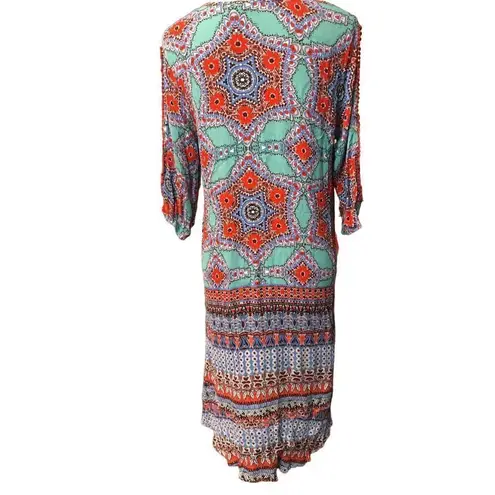 Democracy boho medallion teal and off red orangish paisley print 3/4 sleeves wit