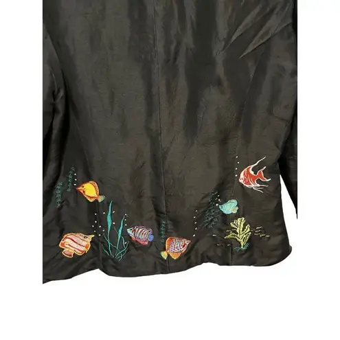 Vintage Silkland Women’s Black Embroidered Fish 100% Silk Jacket Blazer … Size 10