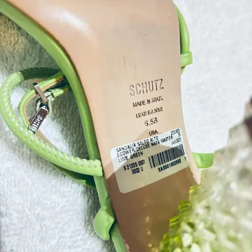 Schutz Women’s Mayte Lime Green Leather Acrylic Block Heel Sandal size 6.5