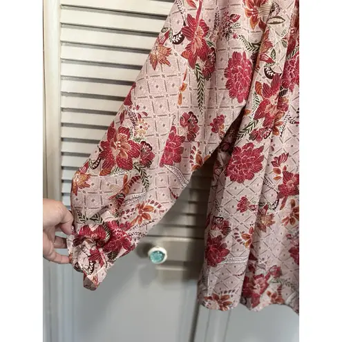Pink/Red Floral Chiffon Long Balloon Sleeve Blouse Size 2XL Ruffle/Tie Neck Boho Red