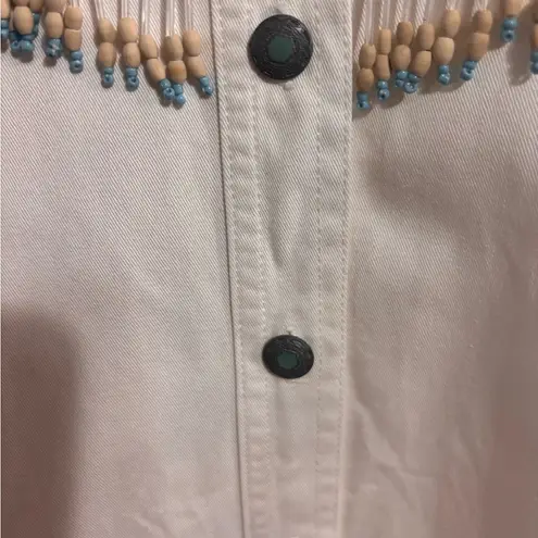 Vintage Cedars Western Shirt L – White Beaded Fringe Boho Cowboy Rodeo Top Blue Size L