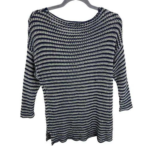 360 Sweater 100% Linen Blue Cream Striped Nautical 3/4 Sleeve Sweater Size S