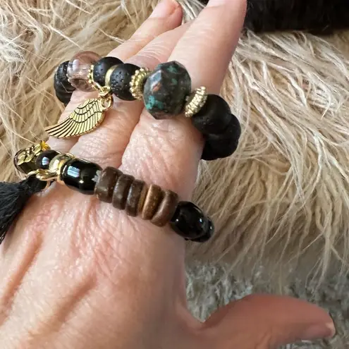 Beaded Angel Wing Bracelet Duo Set Black