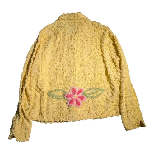 Vtg 1990s Scrap Work Yellow Pink Cotton Terry Floral Pattern Button Up Top Sz XS