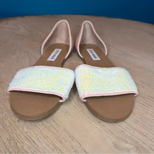 Steve Madden  Sidestep Mermaid Sequin Sandal Flat Open Toe Shoe Pink Size 8.5