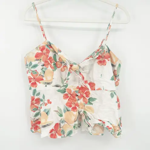 Sofia Jeans by Sofia Vergara Linen Blend Knot Front Floral Peplum Tank Cami Top White Size L