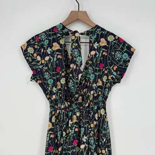 BETINA Floral Print Maxi Dress Deep V Neck Smocked Waist Tie Back Navy Black