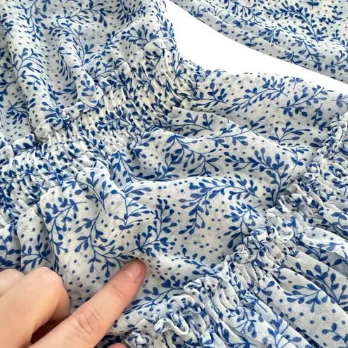 MISA Los Angeles Lorena Dress White and Blue Floral Print Tiered Swing XS XSmall