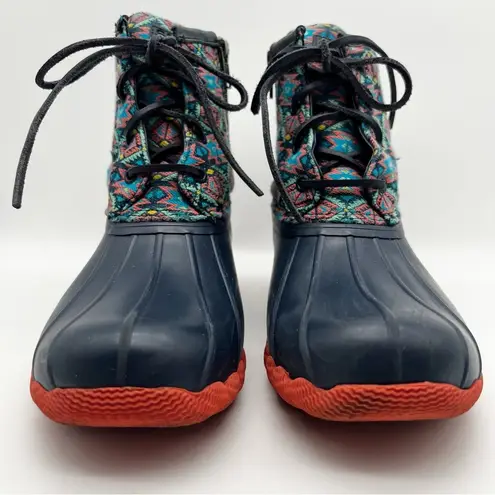 Sperry Saltwater Textile Navy Coral Aztec Print Snow Rain Duck Boots Women’s 8