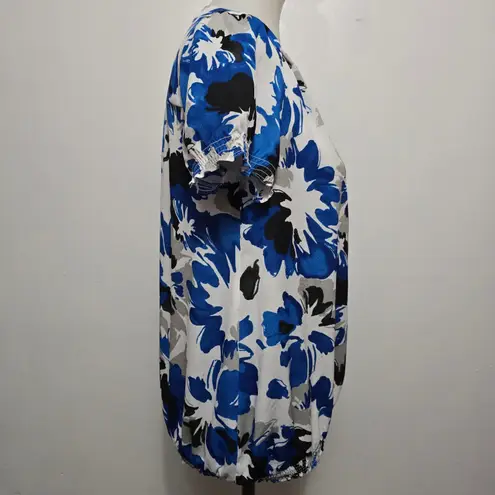 New York & Company Floral Blouse Short Sleeve Button Down Small White Blue