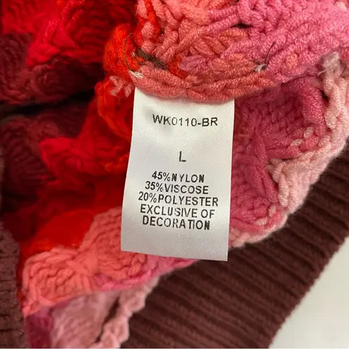 THML Textured Chunky Knit Striped Puffy Crewneck Sweater Red Pink