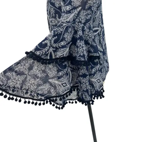 MISA Los Angeles Maya Bell-Sleeve Top Paisley Pom Trim Navy Blue Size XS