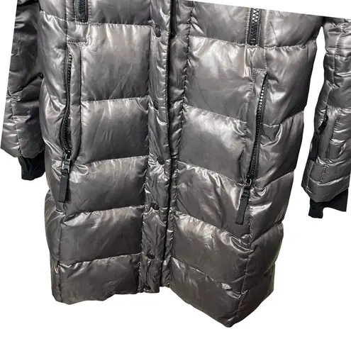 SAM. Women metallic silver millennium knee length puffer down coat fox fur sz S