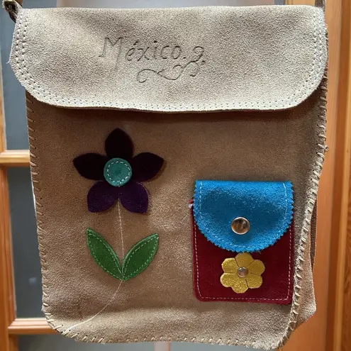 Handmade Vintage Mexico Artisan Leather Suede Crossbody Purse Bag Festival Indie
