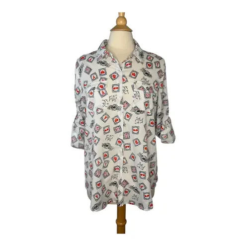 Karl Lagerfeld Paris Print Postage Stamp Roll Tab Sleeve Top Women Size Large