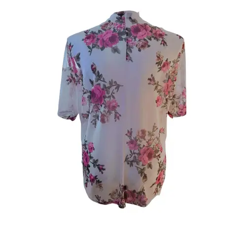 Discreet Kimono Shirt Cover Up Womens White Pink Floral Short Sleeve Loose