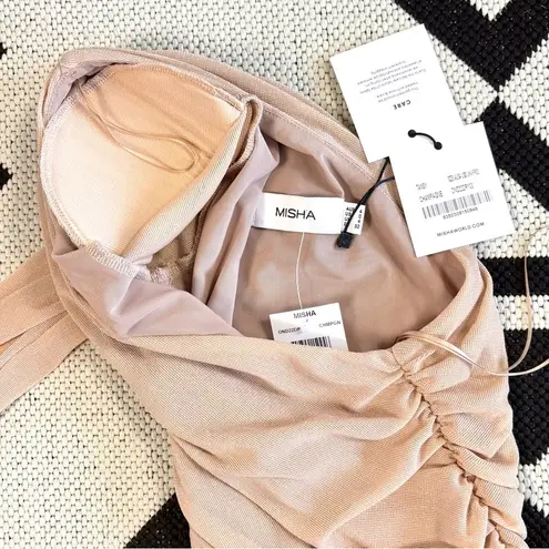 Misha Collection MISHA Tansy Ruched Sparkle Mesh Midi Dress in Champagne