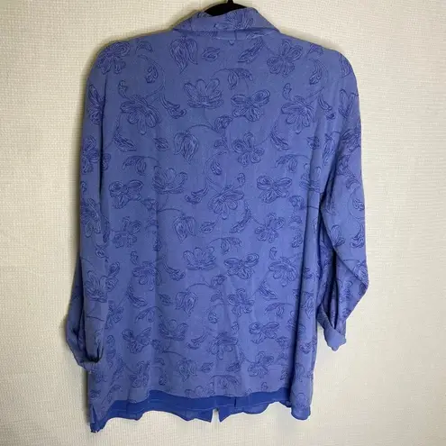 IVY Grandma Print VTG Vintage Floral Button Down Top Periwinkle Blue Long Sleeve Size XL