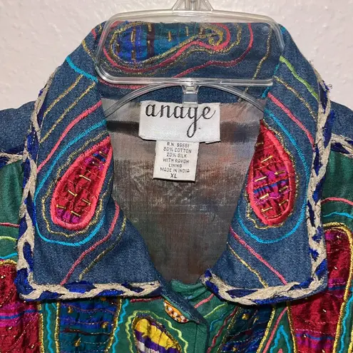 Vintage Wearable Art Colorful Embroidered Denim & Silk Jacket Abstract Art Size XL