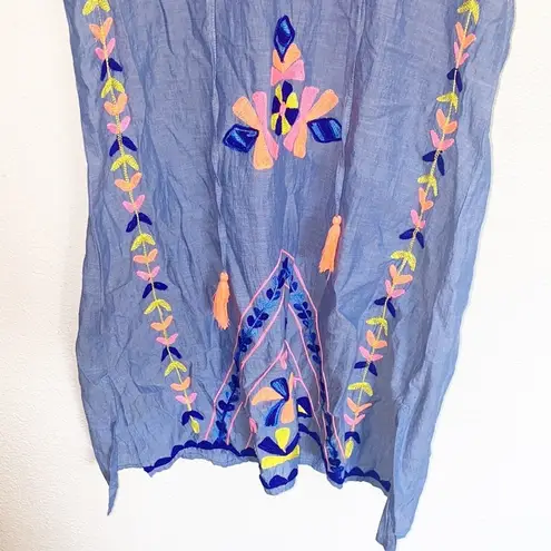 Lulalife Cotton Blue Colorful Embroidered Mini Short Sleeve Summer Dress Size XS