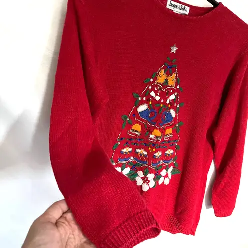 Ugly Christmas Sweater Sz 14/16 Jacque Koko Y2K 12 Days Tree Beading Embroidery Red