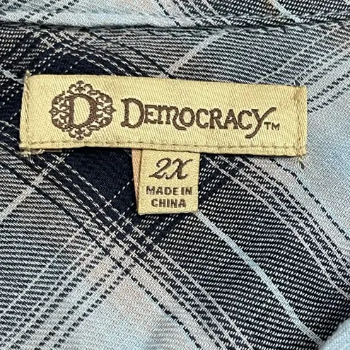 Democracy Plaid Shirt Dress Womens Plus Size 2X Blue Cotton Raw Edge Pockets