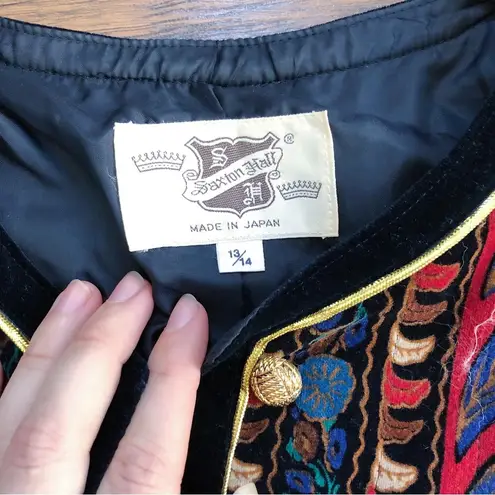 vintage • 1980s printed velvet jacket Saxton Hall floral peacock black red blue Size M