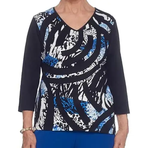 ALFRED DUNNER Black White Blue Cheetah Leopard Animal 3D Stripe 3/4 Sleeve Top L Size L