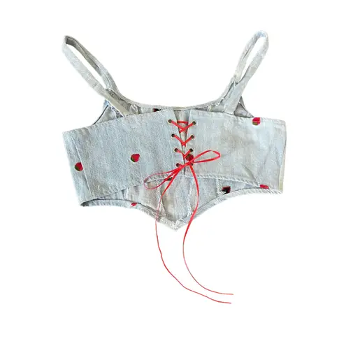 Reworked Strawberry Embroidery Denim Corset Tank Top š„ Blue