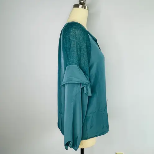 H by Halston Blouson Sleeve Tie Neck Top with Lace Inserts- Tide- XL- NWT