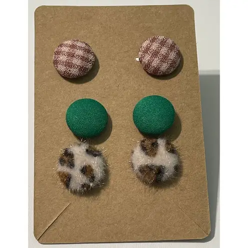 None Fabric Covered Button Earring Stud Set Green Brown