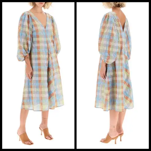 Ganni ππ Seersucker Check Dress ~ Midi Tent Plaid Picnic Balloon Sleeve Size 40
