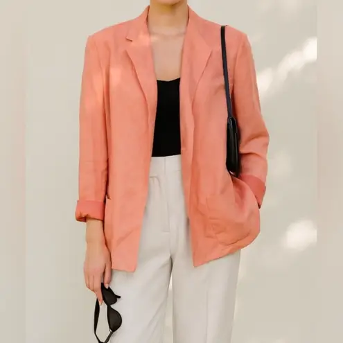 Kasper Womens Linen Peach Pink Satin Lined Open Front Lapel Blazer sz 16P Career