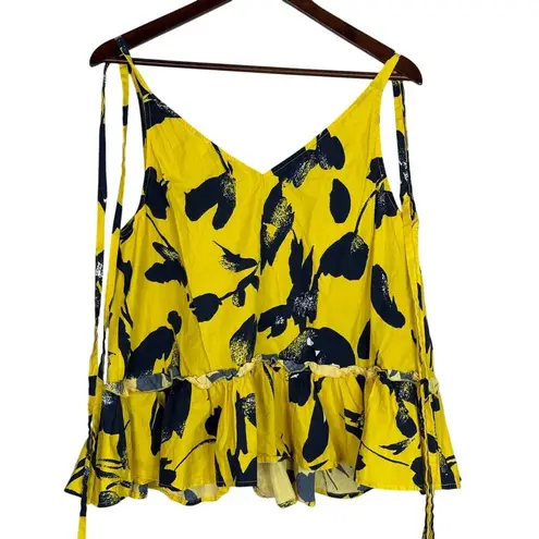 Jason Wu RTR Floral Sleeveless RuffleV Neck Top Tie Straps 10 Yellow Navy Blue