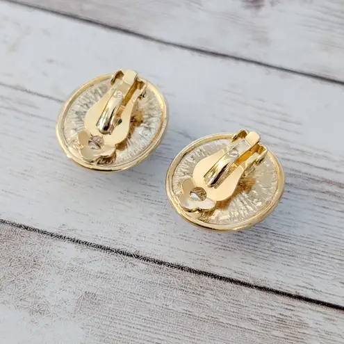 Vintage Clip On Earrings Large White with Gold Tone