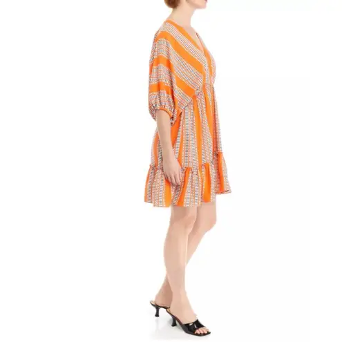 Taylor Stripe Print Orange Fit and Flare Dress Elbow Sleeve V