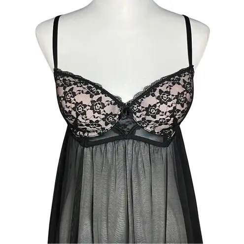 Y2K Black Sheer Babydoll Chemise Push Up Slip Dress. Small. Coquette, Whimsigoth