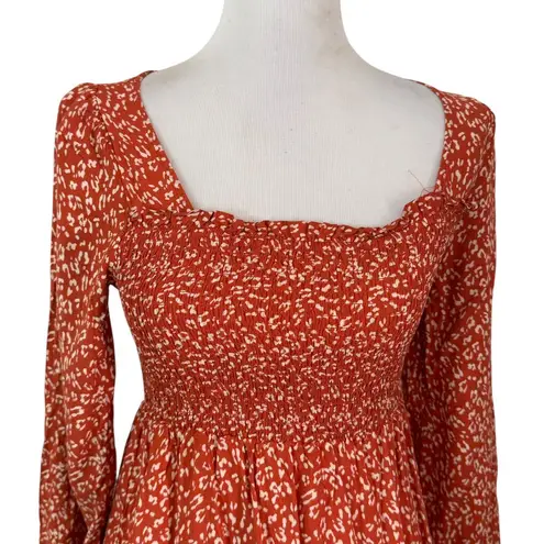 Liberty Love Smocked Mini Dress Womens M Orange Ditsy Floral Print Tiered BOHO