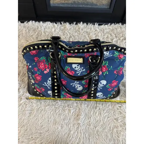 Betsey Johnson y2k Skull & Rose Carpet Bag Patent Leather Trim Duffle Bag